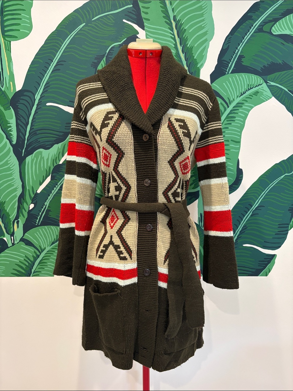 Vintage 1970s Sears Long Tie-Waist Cardigan - Geometric Design